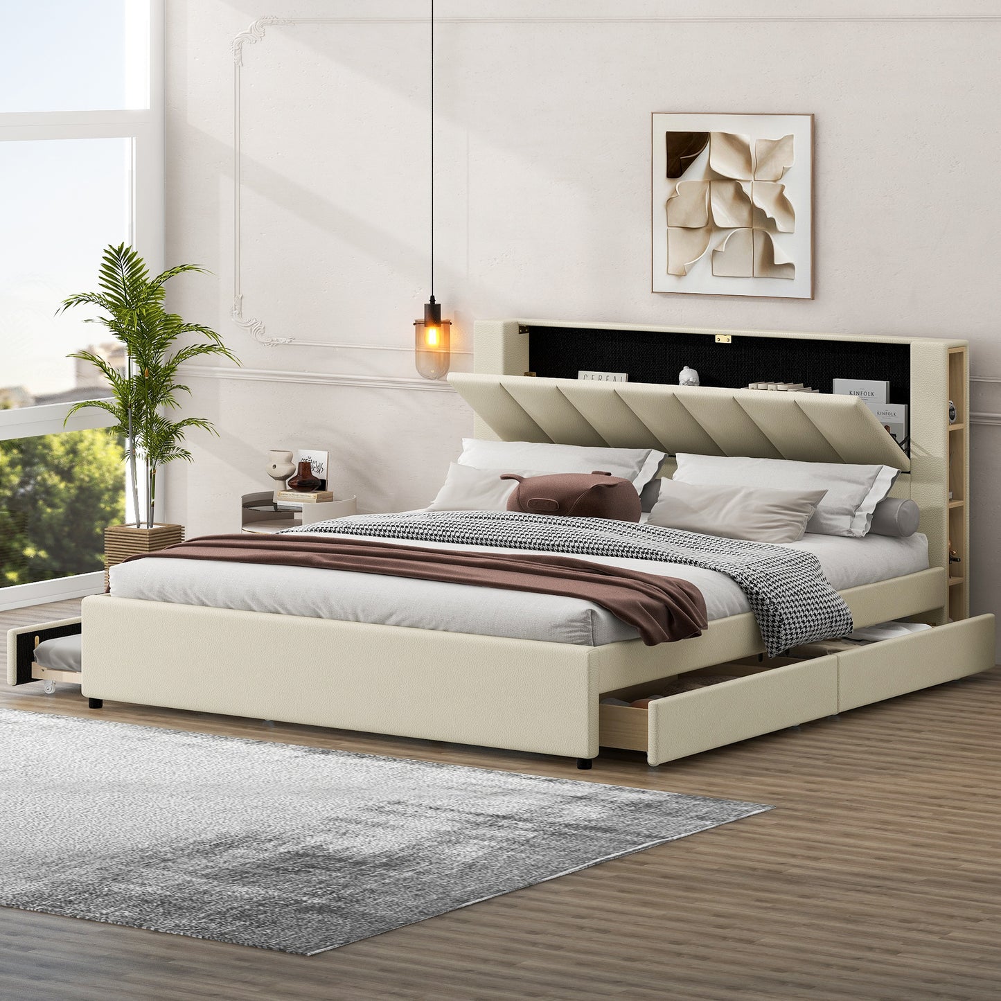 King Size Upholstery Platform Bed with Storage Headboard, 2 Drawers and Trundle,Beige