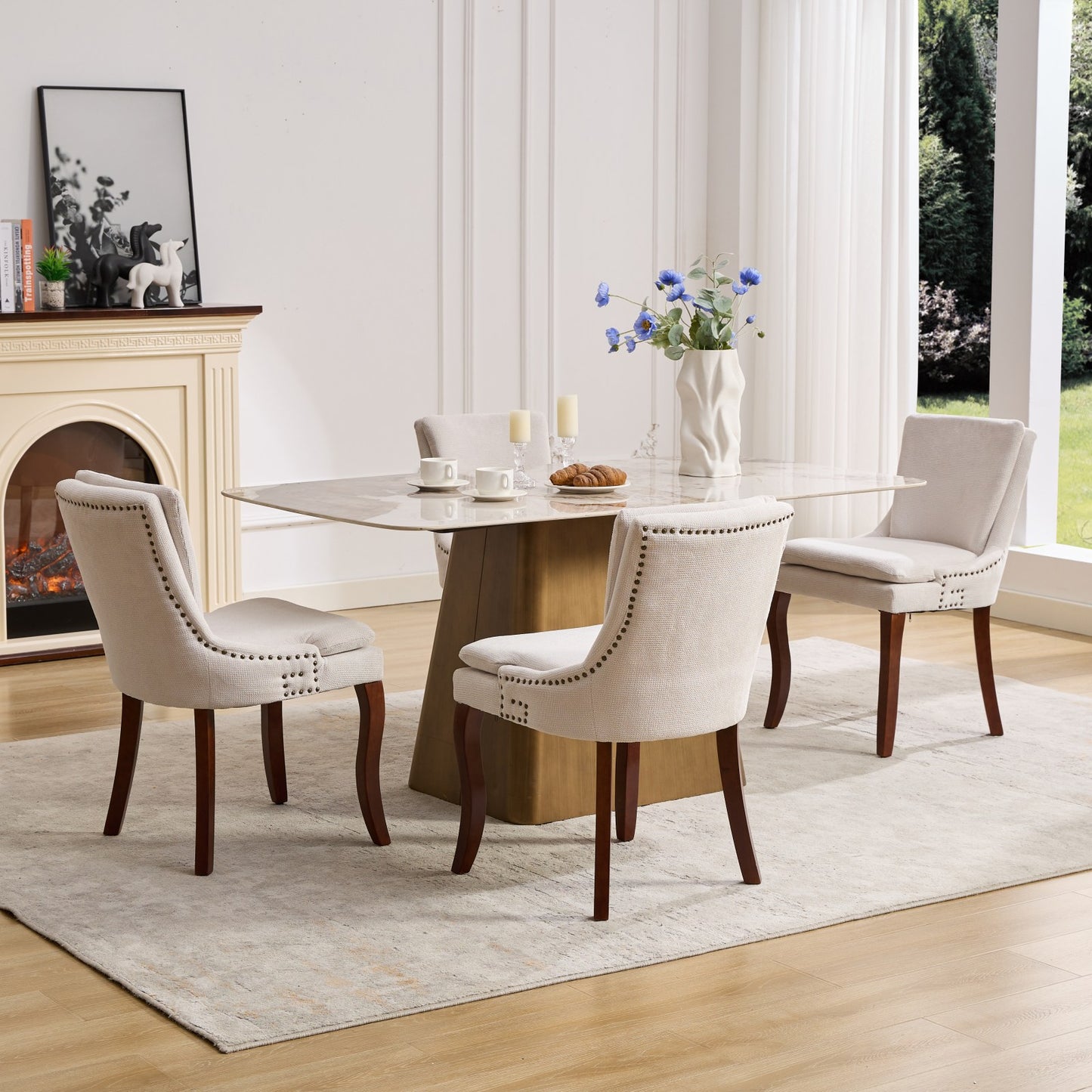 （预计12.29-1.5到货）Modern Dining Chairs Set of 2,Double-layer Cushioned Chenille fabric Upholstered Accent Side Leisure Chairs with Mid Back and Curved Solid Wood Legs for Living Room/Dining Room-Beige