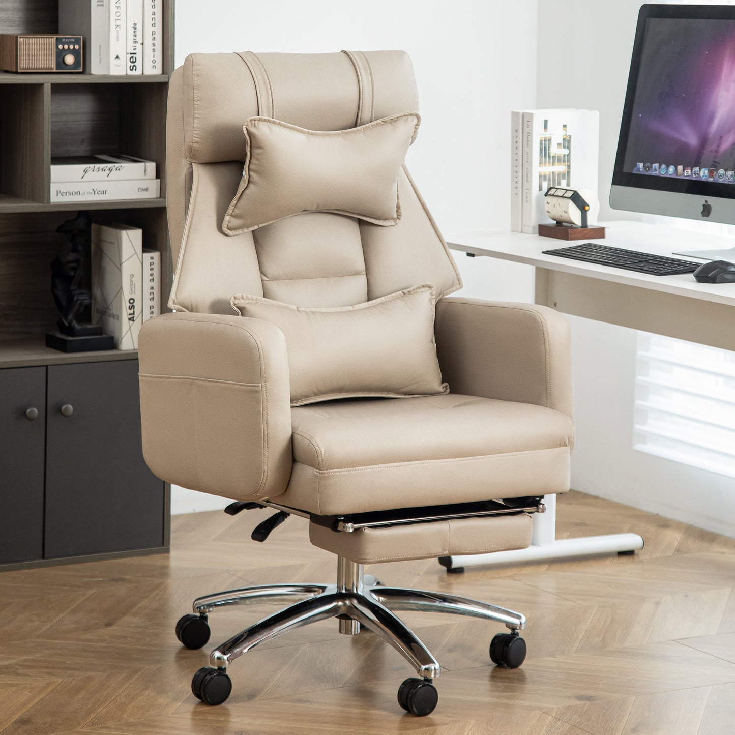 Swivel Ergonomic Office Chair, Technology Leather High Back Office Chair with Lumbar Support Headrest, Sedentary Comfortable Boss Chair, 155° Reclining Computer Chair (Color : Beige)