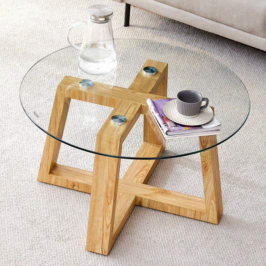 Modern practical circular coffee tables. Made of transparent tempered glass tabletop and wood colored MDF material. Suitable for living rooms and bedrooms.31.5"*31.5"*17.7"