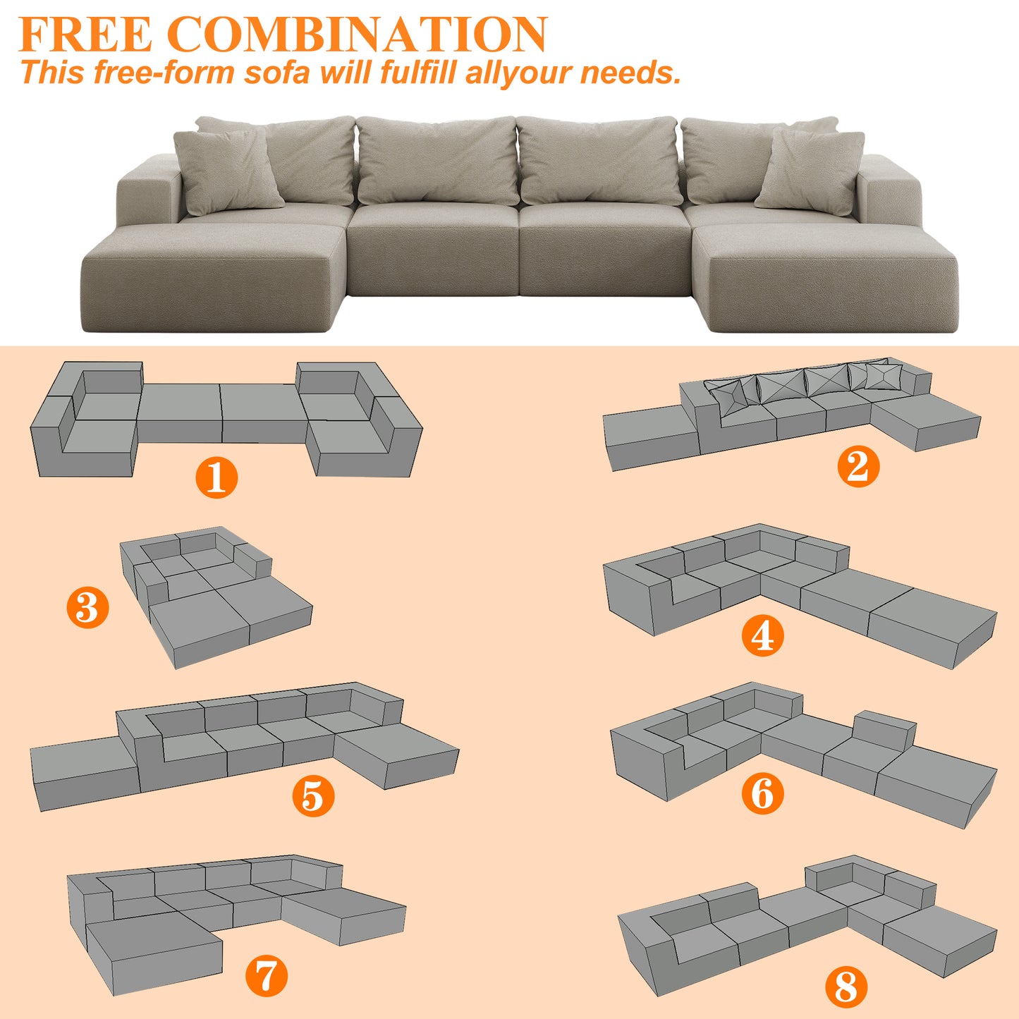 （缺货）Oversized sponge cloud sofa,Modern Upholstered Sectional Sofa Couch Set,Modular 162" L Shaped Sectional Living Room Sofa Set With 6 Pillows,Free Combination Sofa Couch for Living Room,Bedroom