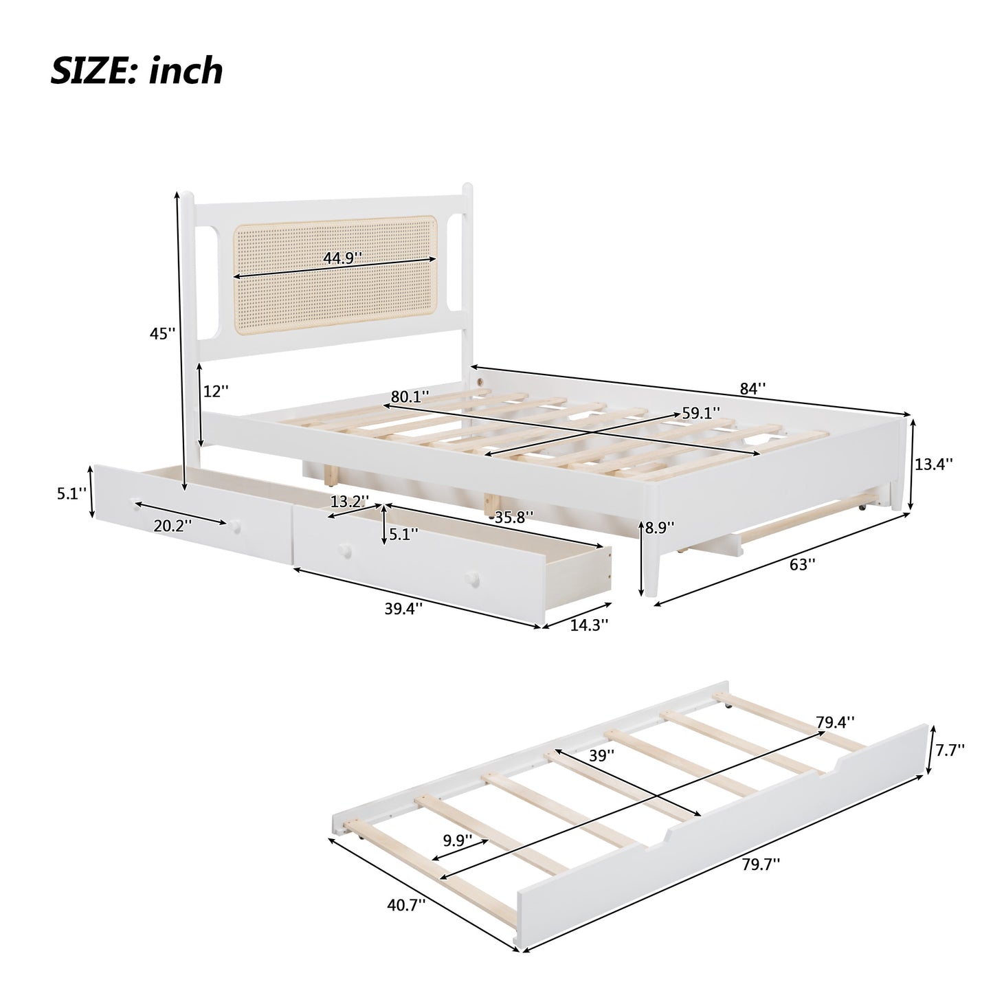 Queen Size Wooden Rattan Platform Bed, with 2 Big Drawers, T Size Trundle, White