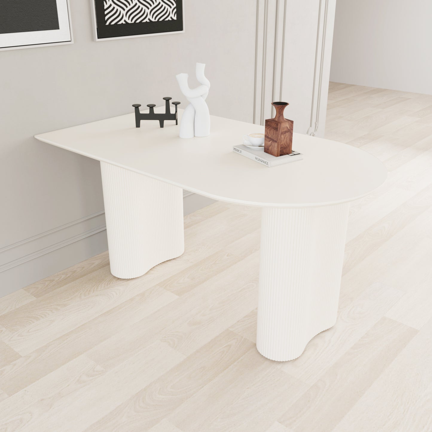 63 "Modern Fashion MDF New Cream Style Coffee Table and Irregular Side Table, 4-8 Person Dining Table, Thick Engineering Wood Round Wave Table Legs, Home Kitchen Thick Elegant Cream White Table Top