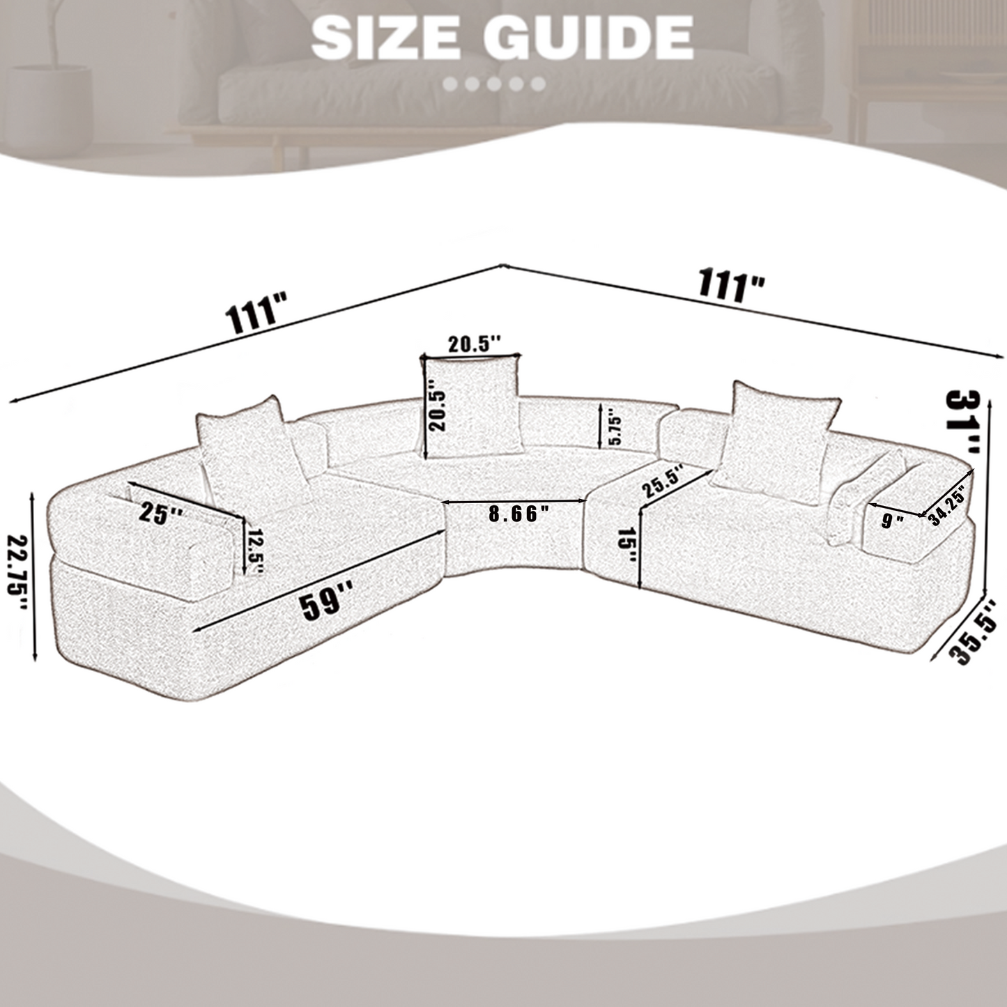 [VIDEO PROVIDED]Oversized Combination Sofa,Curved Sofa,Upholstered 4 Seater Couch for Living Room, Modern Modular 3 Piece Free Combination, Semicircular Modular Sofa , Boucle, Khaki