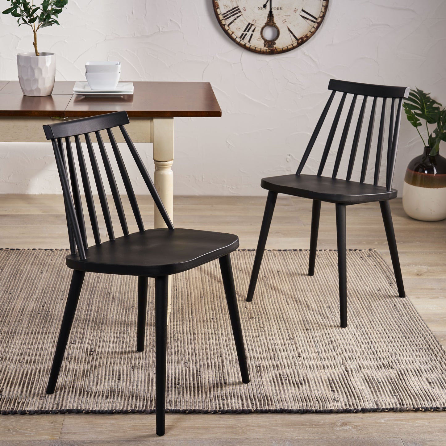 Farmhouse Spindle Back Dining Chairs, Set of 2, Black