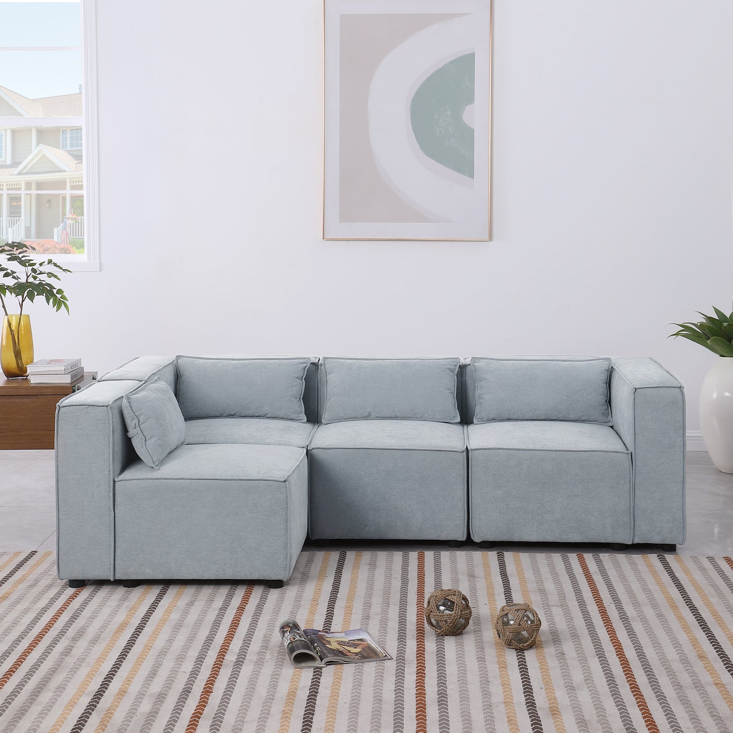 modular sofa Grayish blue chenille fabric, simple and grand, the seat and back is very soft. this is also a KNOCK DOWN sofa