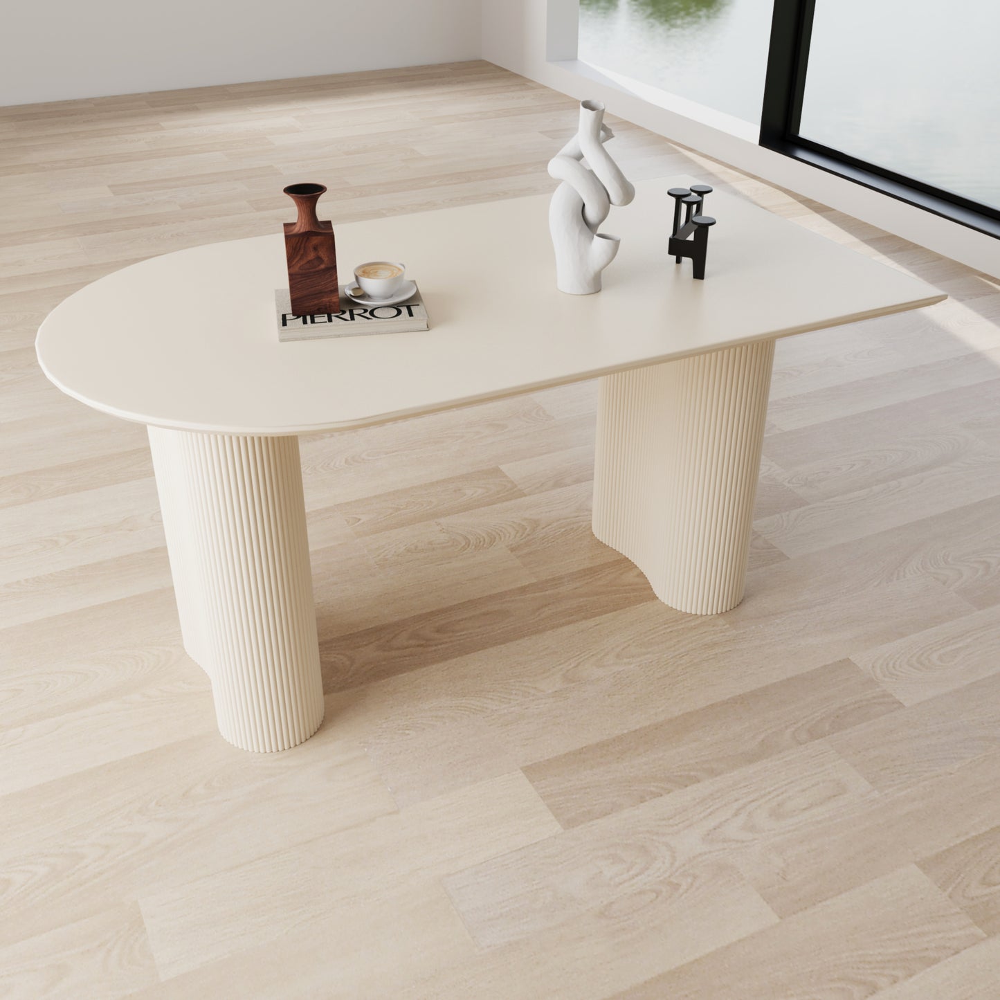 63 "Modern Fashion MDF New Cream Style Coffee Table and Irregular Side Table, 4-8 Person Dining Table, Thick Engineering Wood Round Wave Table Legs, Home Kitchen Thick Elegant Cream White Table Top