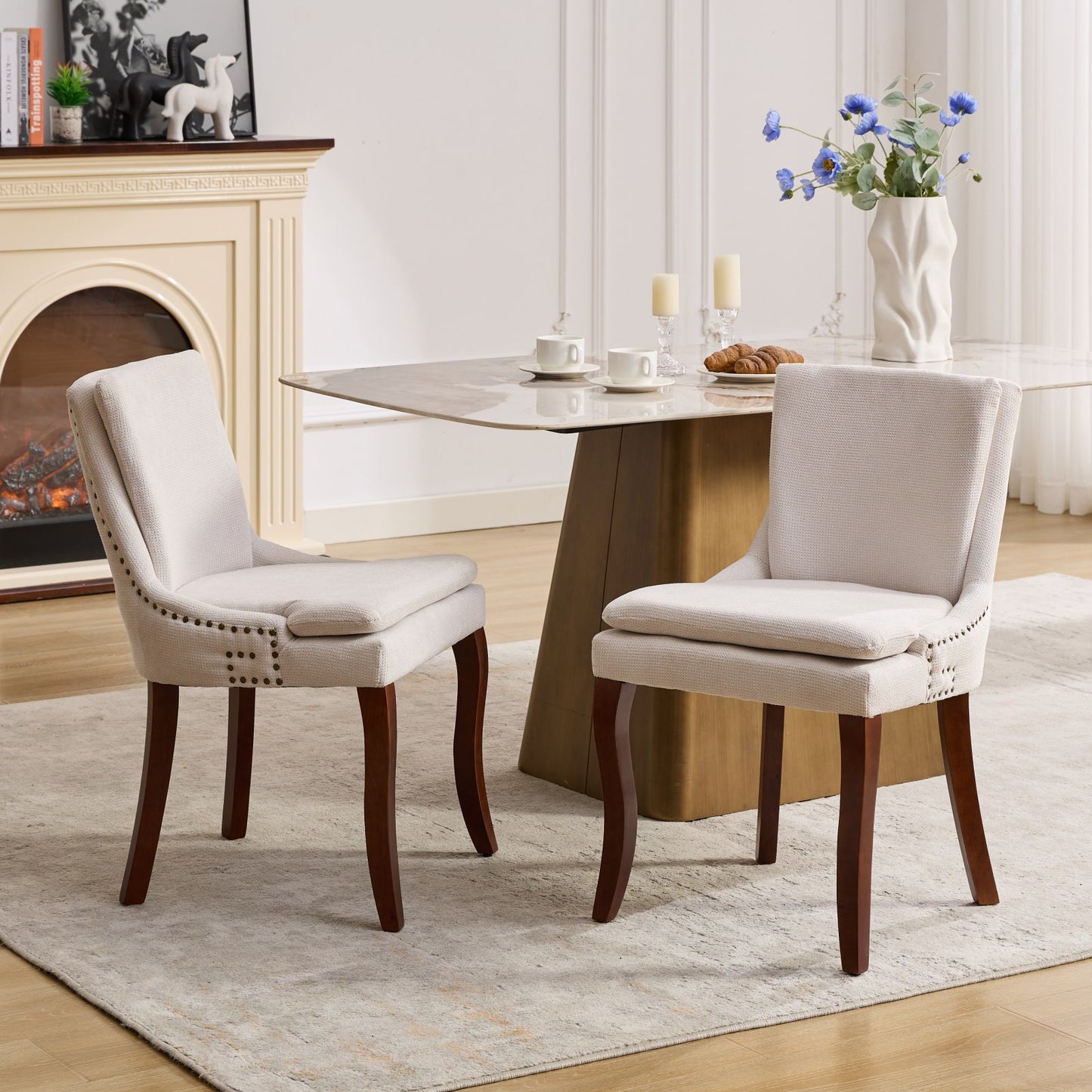 （预计12.29-1.5到货）Modern Dining Chairs Set of 2,Double-layer Cushioned Chenille fabric Upholstered Accent Side Leisure Chairs with Mid Back and Curved Solid Wood Legs for Living Room/Dining Room-Beige