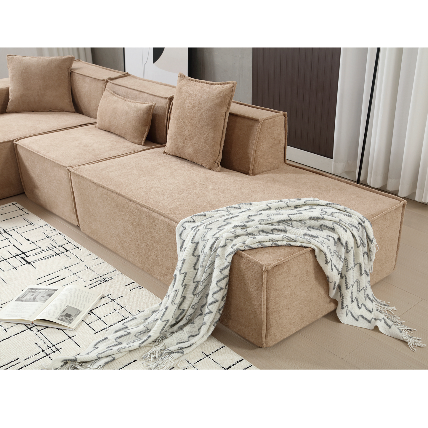 Modular combination living room sofa set, modern minimalist sofa, free installation sofa, L-shaped, Italian minimalist tofu block sofa, Left-Hand Facing, Light Brown