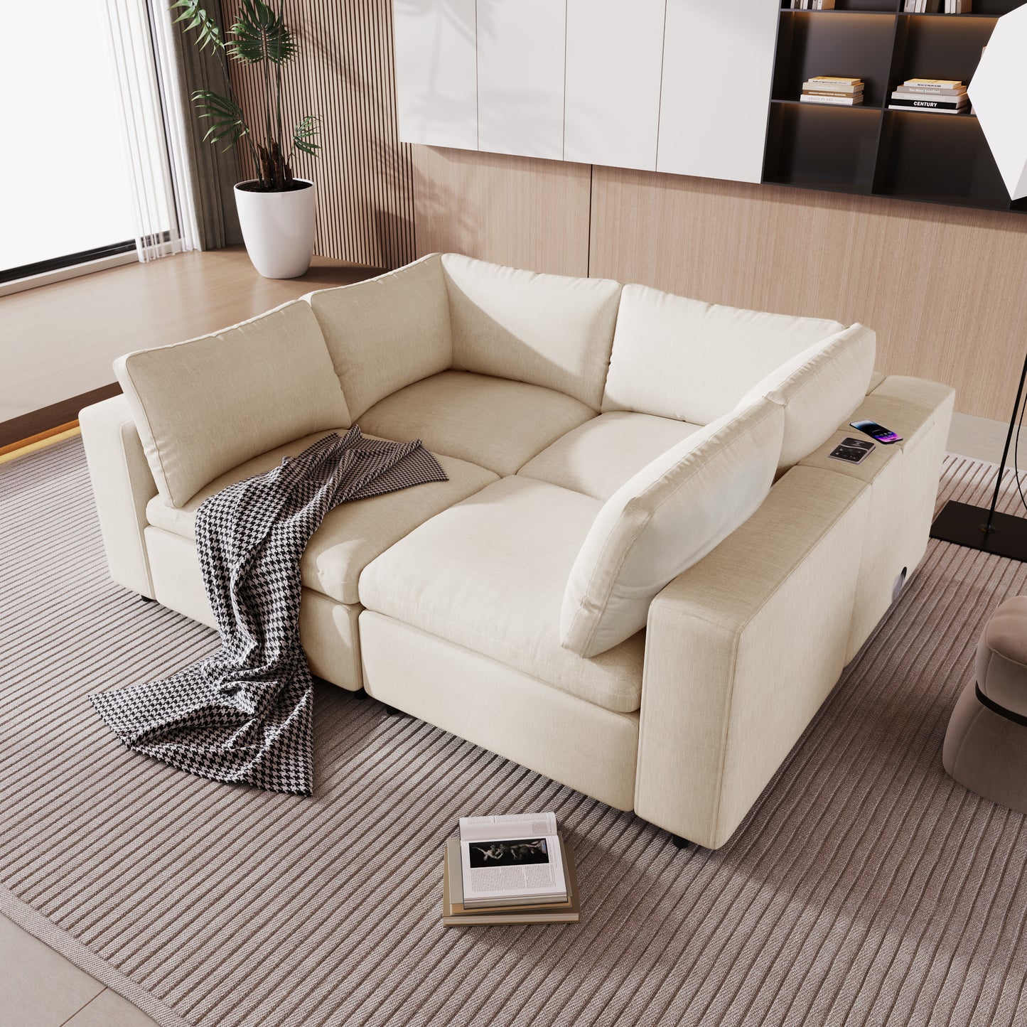 U-style Upholstered Modular Sofa with with Storage Space, USB Charge Ports,Wireless Charging and Built-in Bluetooth Speaker in Arm,Sectional sofa for Living Room Apartment.[old sku:WY000317AAA]