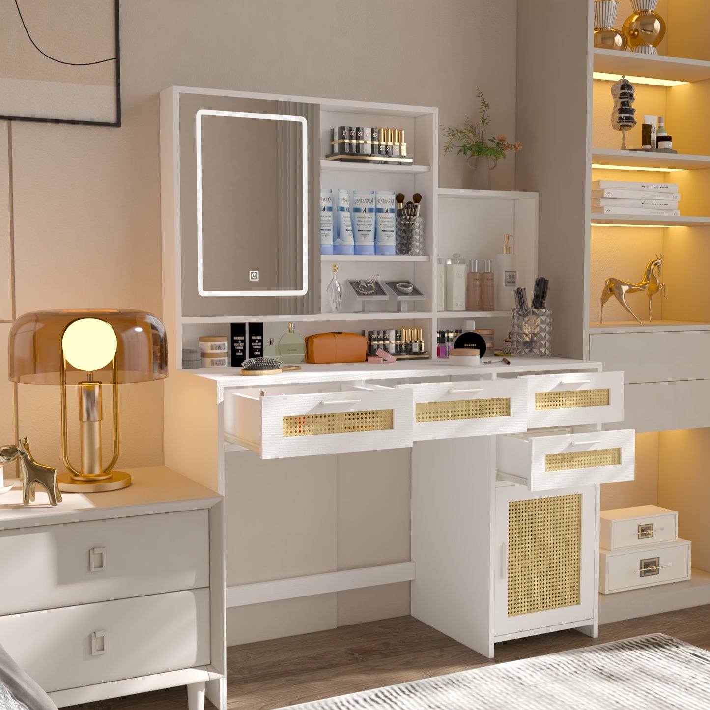 Makeup Vanity with Lights in 3 Colors & Openable Mirror, Vanity Desk with 4 Drawers & 1 Cabinets & Shelves, Vanity Table Rattan Vanity Dresser, for Bedroom