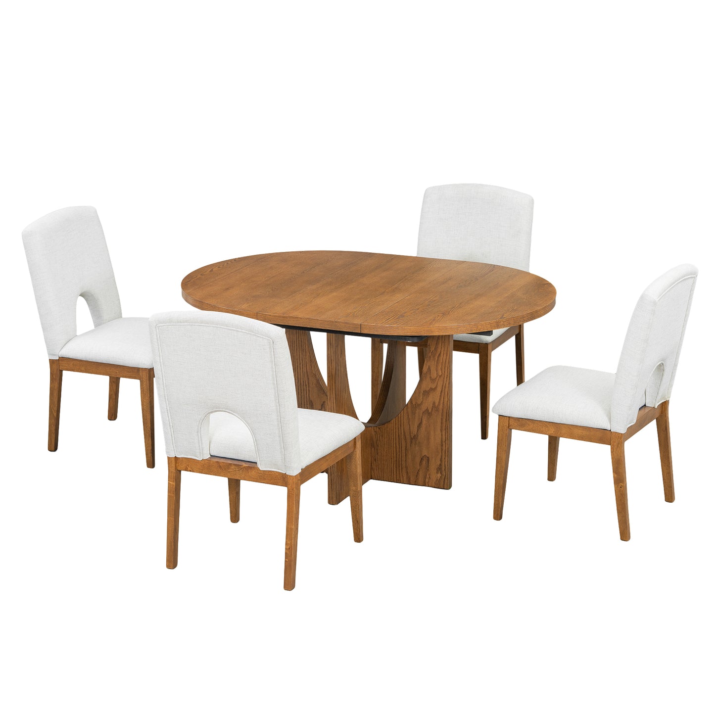 TOPMAX Modern 5-Piece Extendable Round Dining Table Set with 16.2inch Removable Leaf for Small Places, Walnut+Beige