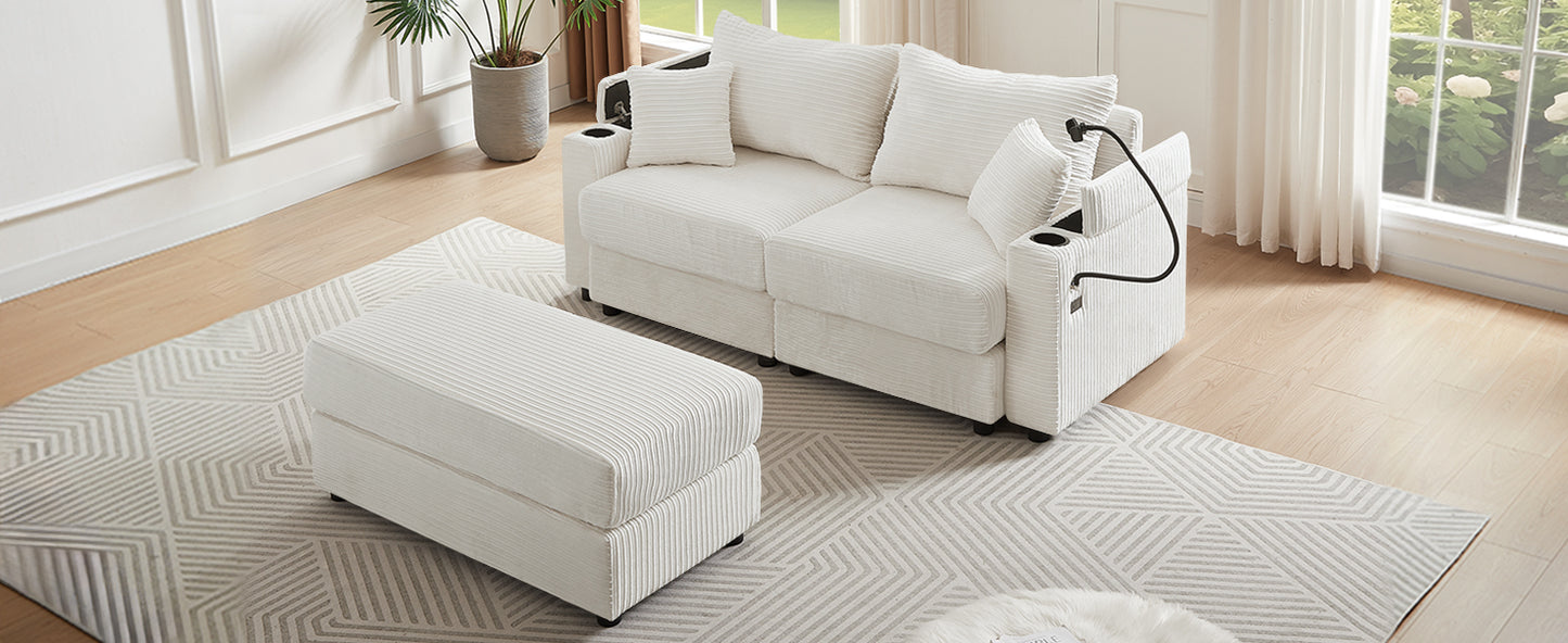 72.8" Modern Style Loveseat Sofa Sectional Sofa Couch with Storage Space, A Movable Ottoman, Two USB Ports, Two Cup Holders, A Phone Holder for Living Room, Beige