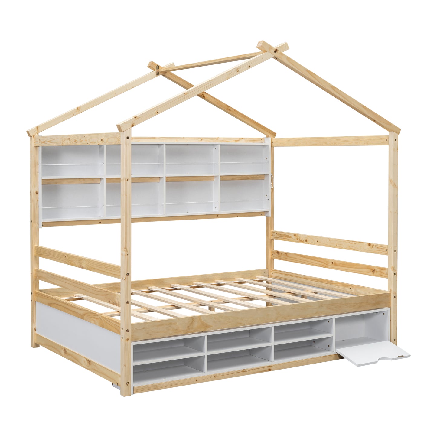 Full House Bed with Roof Frame, Bedside-shelves, Under Bed Storage Unit,Natural