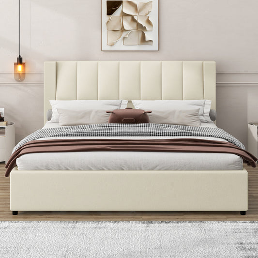 King Size Upholstery Platform Bed with Storage Headboard, 2 Drawers and Trundle,Beige