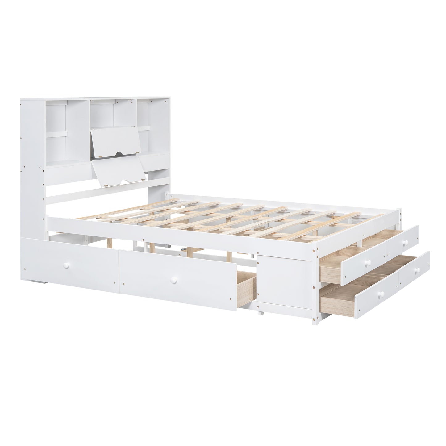 （缺货）King Size Platform Bed with Storage Headboard and 8 Drawers, White