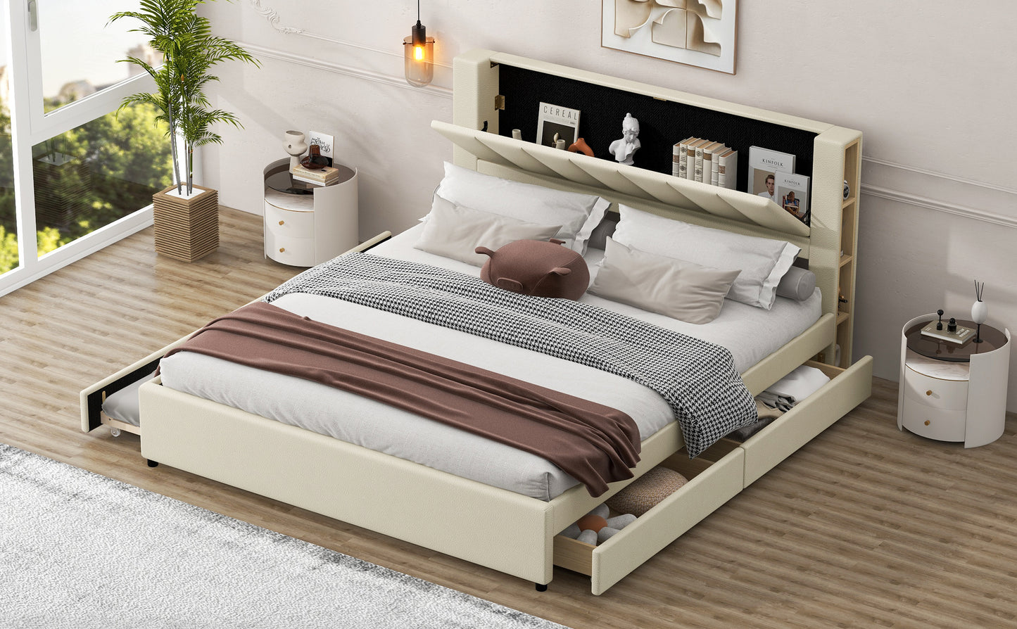 King Size Upholstery Platform Bed with Storage Headboard, 2 Drawers and Trundle,Beige