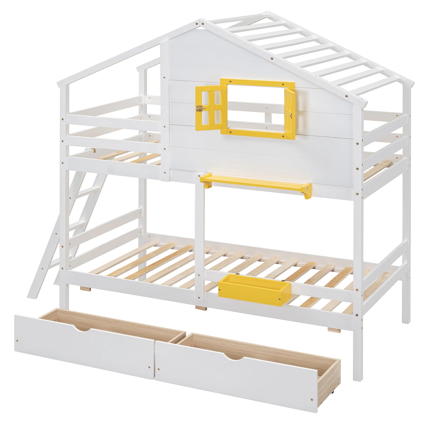 Twin over Twin Bunk Bed with 2 Drawers, 1 Storage Box, 1 Shelf, Window and Roof-White(OLD SKU:LT001608AAK)