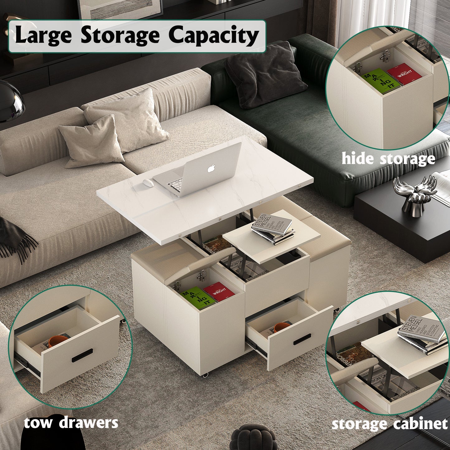 Modern Lift-Up Coffee Table with 4 Stools Set for Living Room Expandable 1 Hidden Storage + 2 Drawers Space Saving Folding Dining Table