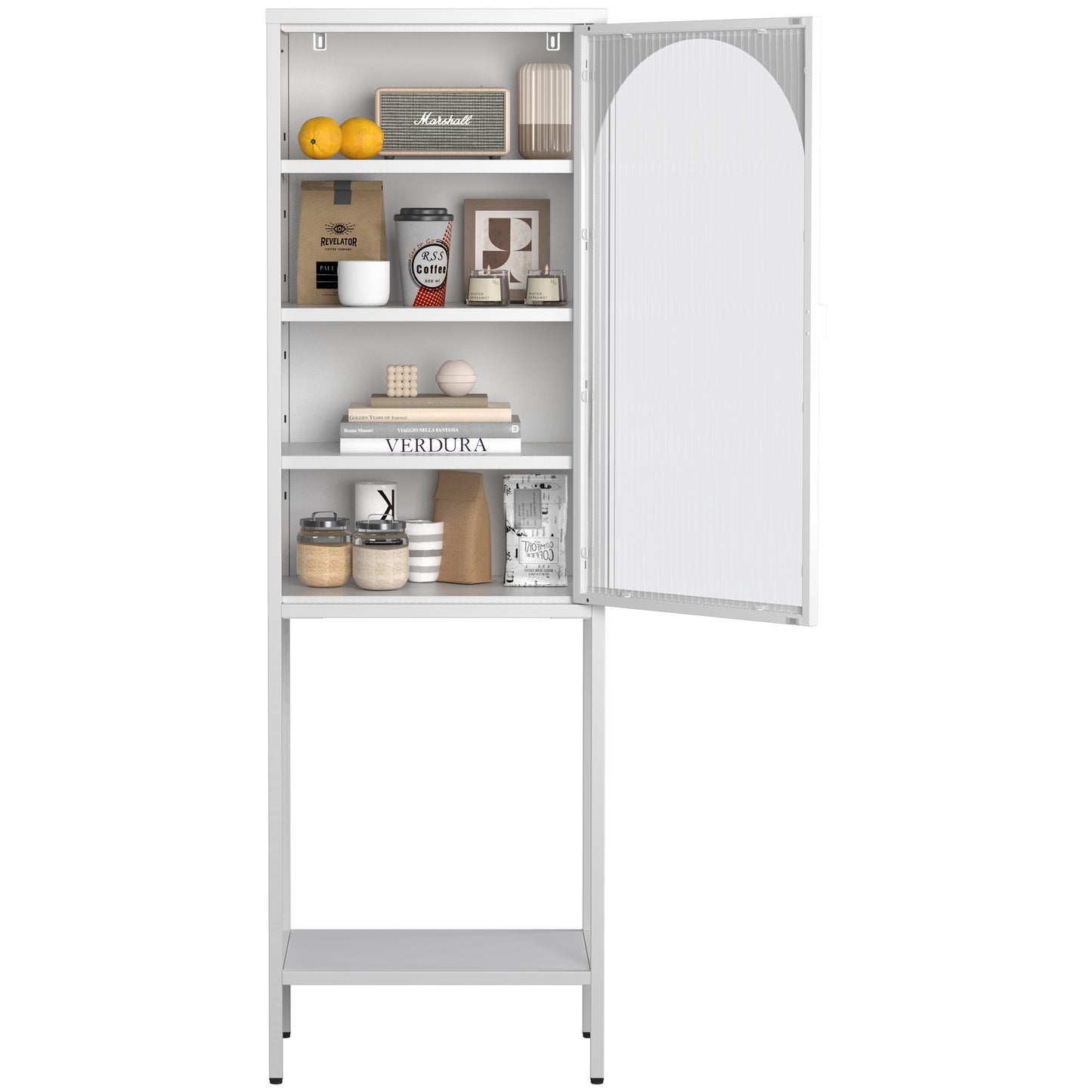 Metal Glass Door Display Storage Cabinet - 5-Tier Cube Bookshelf Storage Cabinet with 3 Adjustable Shelves For kitchen, dining room, living room, bathroom, home office,White