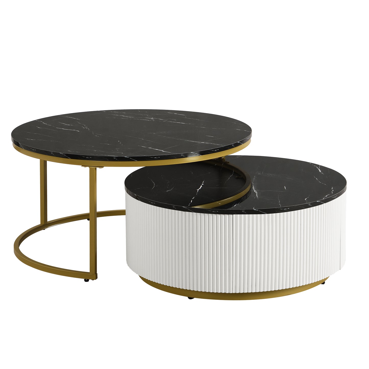 Modern Round Nesting Coffee Table Fluted with Drawer in Black & Gold in 31.5''