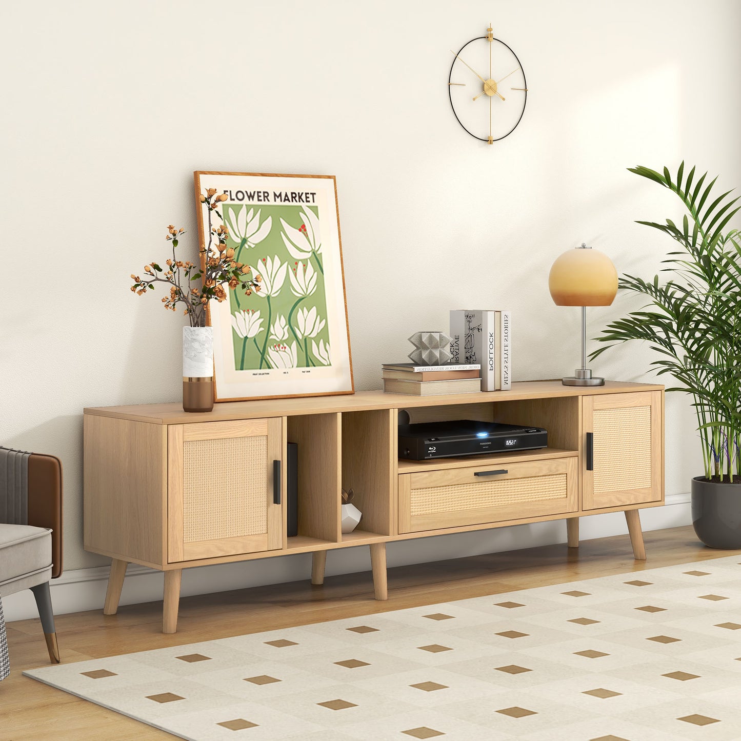 Rattan TV Stand with 2 Cabinets & 2 Open Shelves, Rattan-inspired Media Console Table for TVs up to 80'', Entertainment Center with Solid Wood Legs, TV cabinet for Living room, Bedroom, Home Theatre