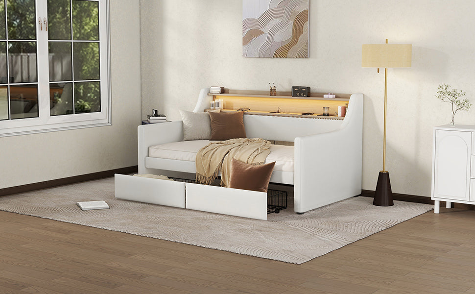 Twin Size Daybed with Storage Drawers, Upholstered Daybed with Charging Station and LED Lights, White