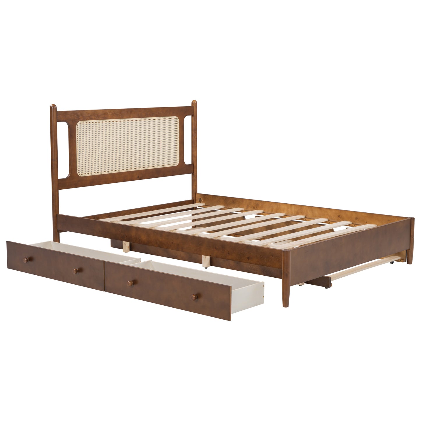 Queen Size Wooden Rattan Platform Bed, with 2 Big Drawers, T Size Trundle, Brown