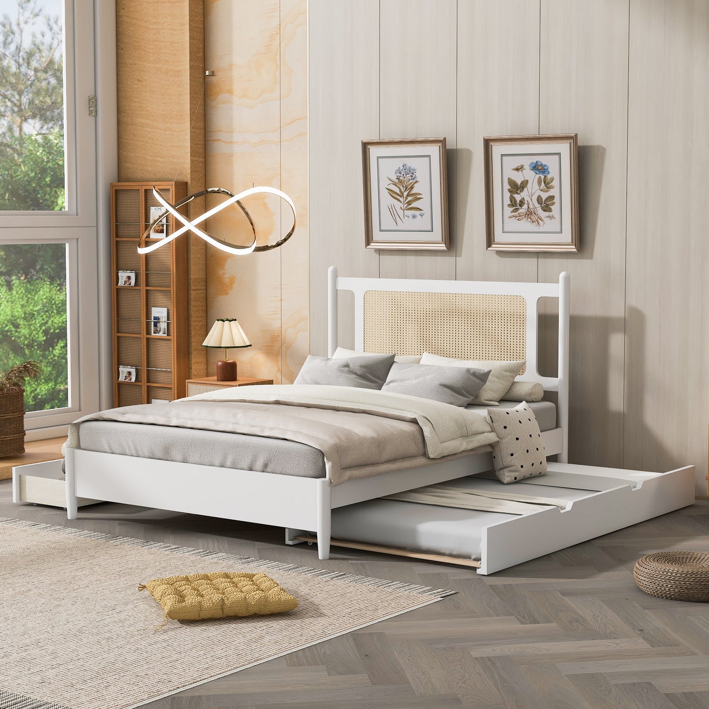 Queen Size Wooden Rattan Platform Bed, with 2 Big Drawers, T Size Trundle, White