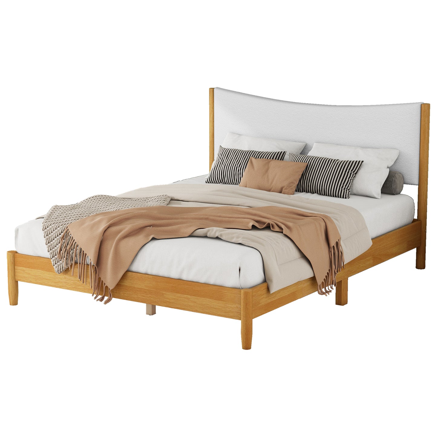 Queen Size Rubber Wooden , Solid Wooden Bed with Teddy Velvet Cushion Upholstered Headboard, Enhanced by Support Feet