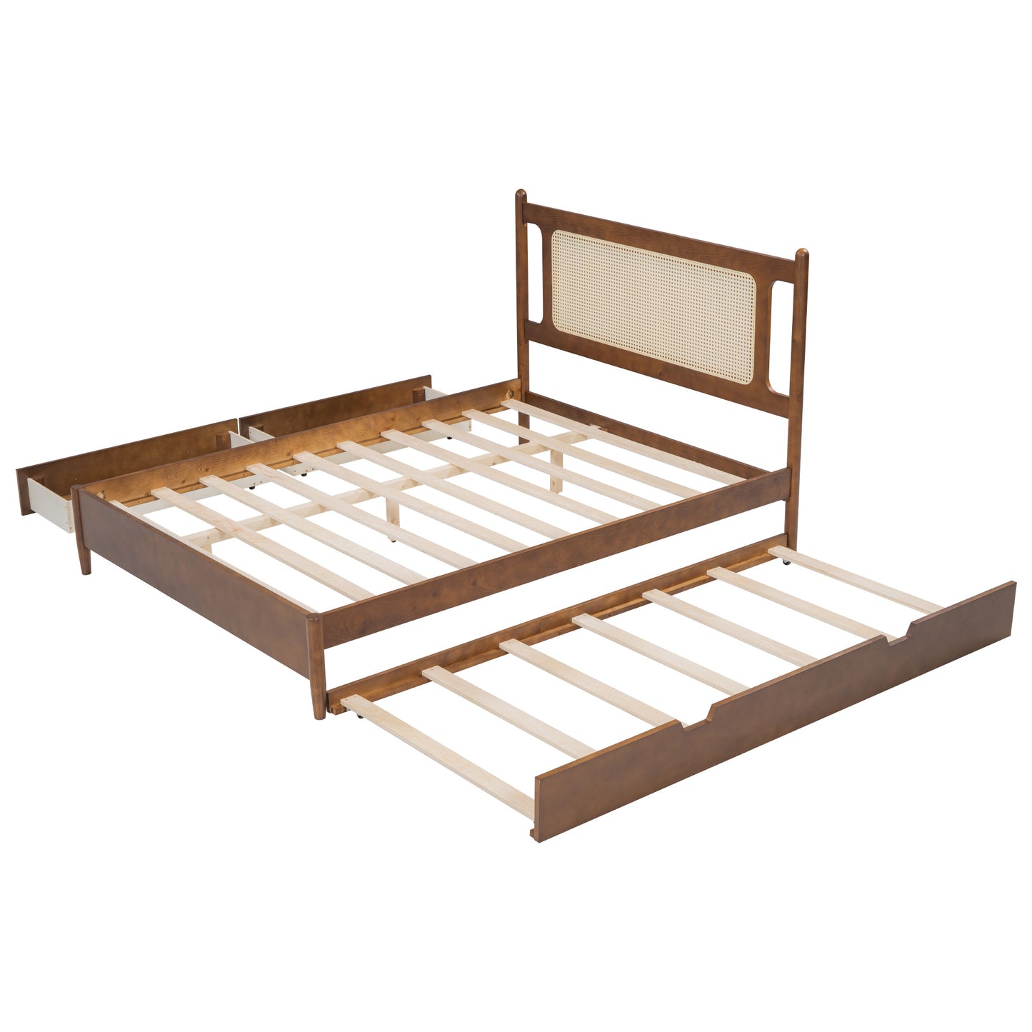 Queen Size Wooden Rattan Platform Bed, with 2 Big Drawers, T Size Trundle, Brown