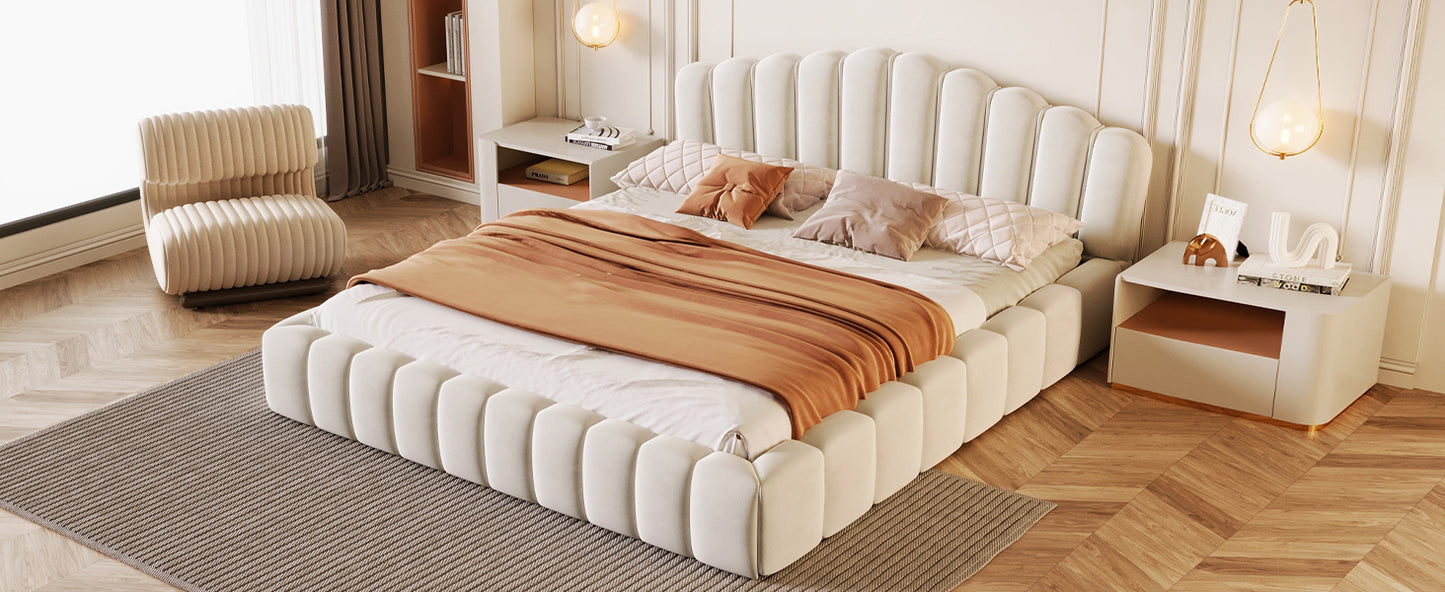 Velvet Upholstered Queen Bed Frame Floor Bed Shell-Shaped Headboard for Bedroom,No Box Spring Needed,Beige