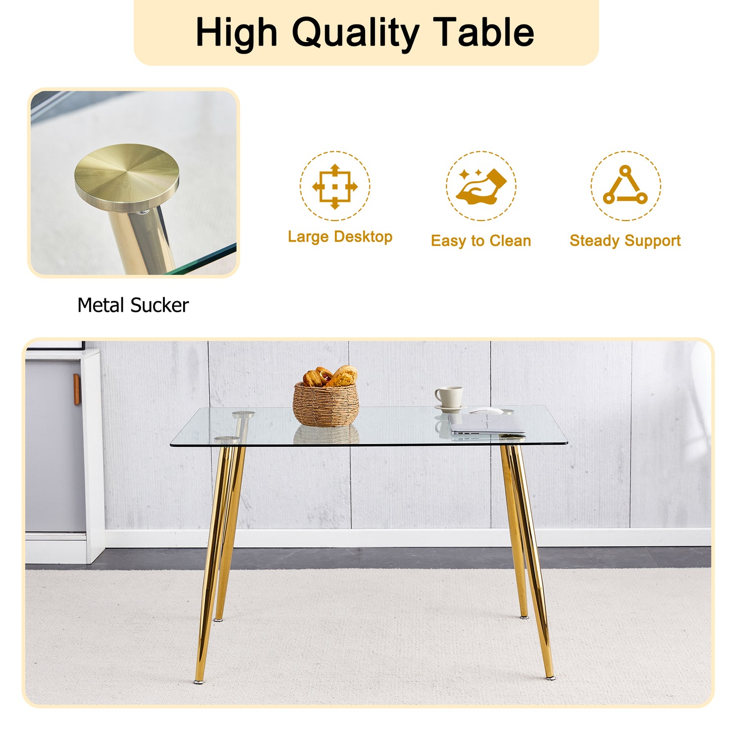 （预计2024-12-26 ~ 2025-01-02到货）Modern Minimalist Rectangular Glass Dining Table for 4-6 with 0.31" Tempered Glass Tabletop and Golden plating Metal Legs, Writing Table Desk, for Kitchen Dining Living Room, 51" *31"*30".F-1544