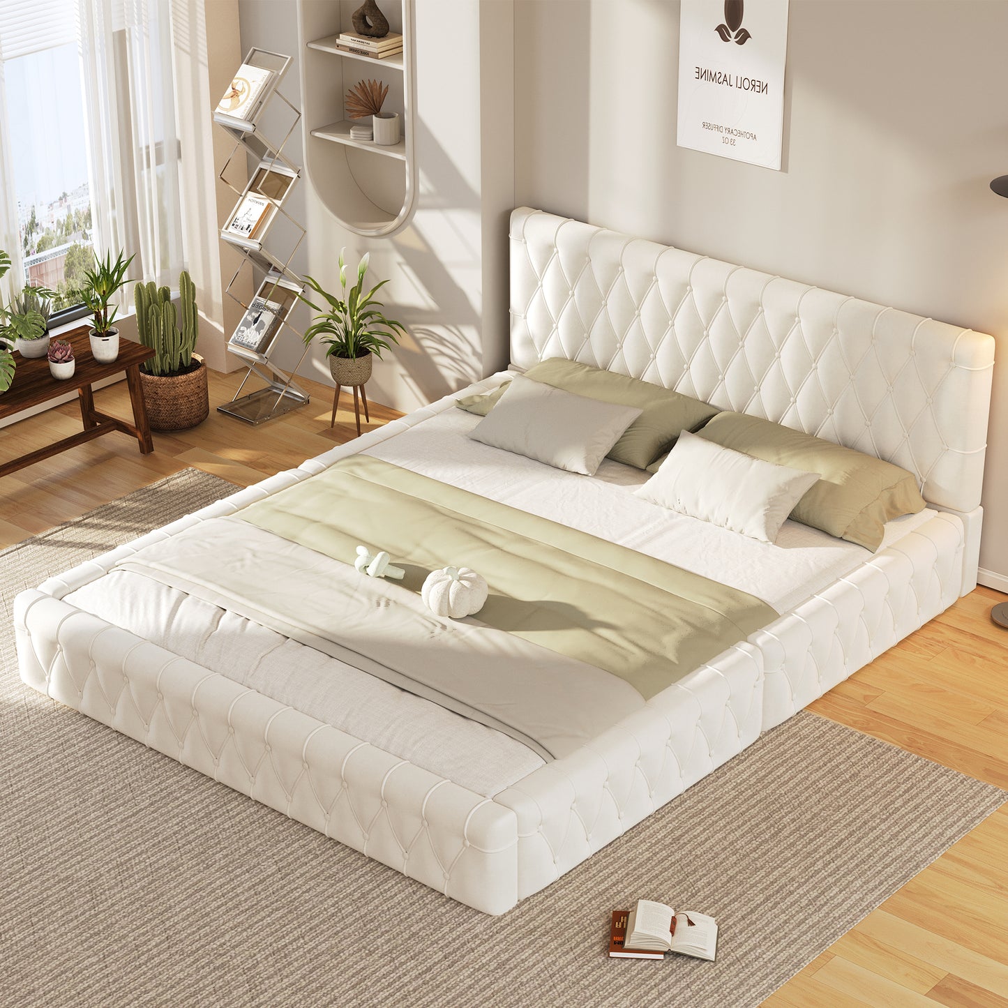 Queen Size Upholstered Bed with Tufted Headboard, Modern Velvet Platform Bed , No Box Spring Required, White