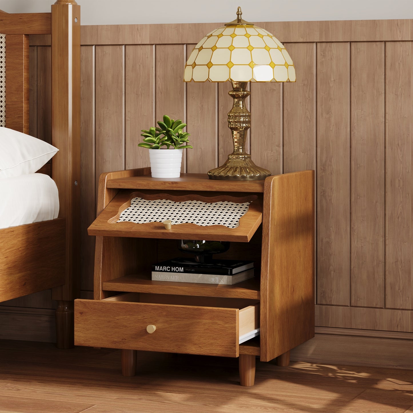 Wooden Nightstand with Rattan-Woven Storage Cabinet and 1 Drawer, Exquisite Elegance with Natural Storage Solutions for Bedroom, Walnut