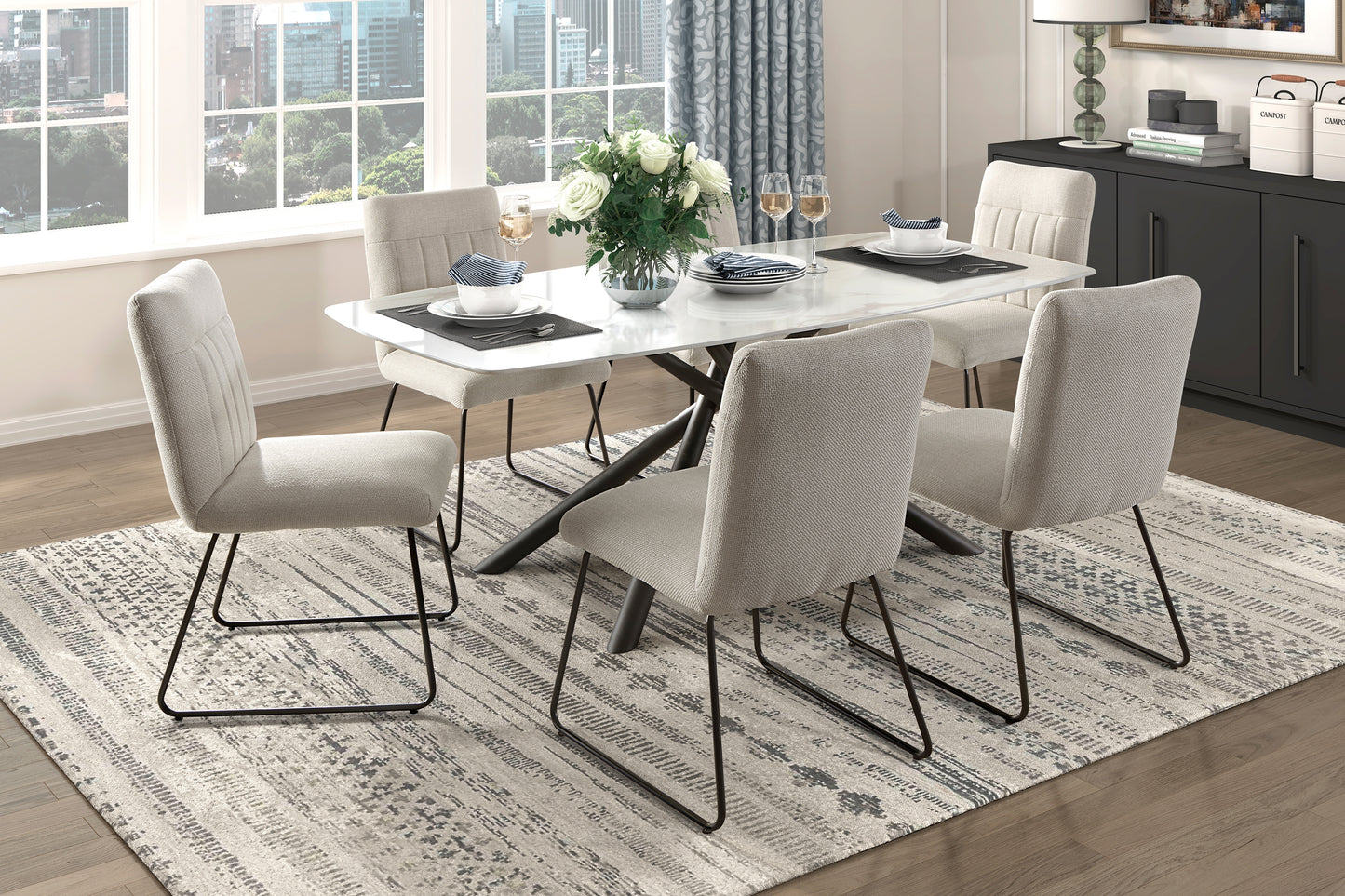 Modern Design Beige Fabric Upholstered Side Chairs 2pc Set, Tabular Black Finish Metal Legs Casual Dining Furniture