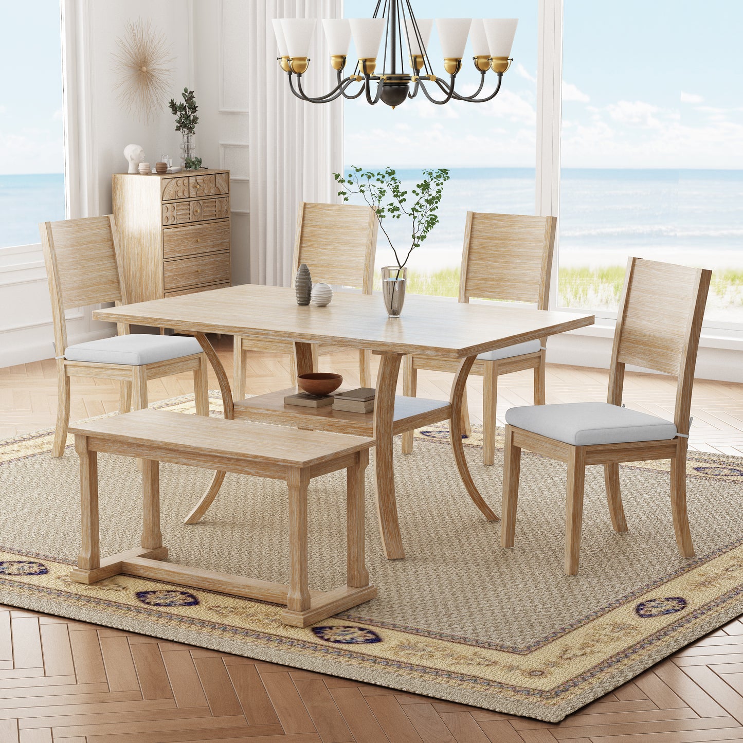 TOPMAX 6-Piece Wood Dining Table Set with Storage Shelf and Curved Legs, Kitchen Table Set with Bench and 4 Removable Cushions Dining Chairs, Modern Style, Natural+Beige Cushion