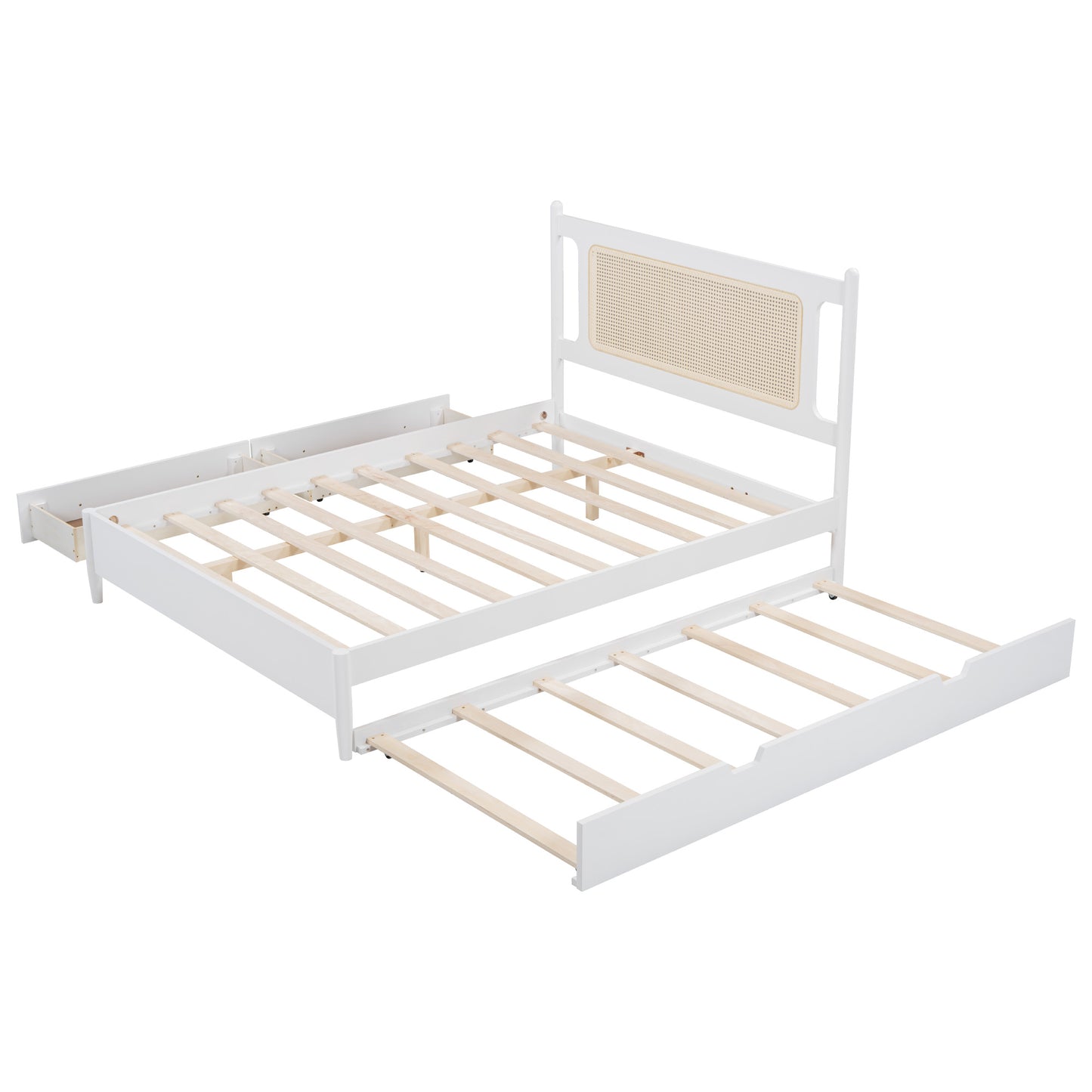 Queen Size Wooden Rattan Platform Bed, with 2 Big Drawers, T Size Trundle, White