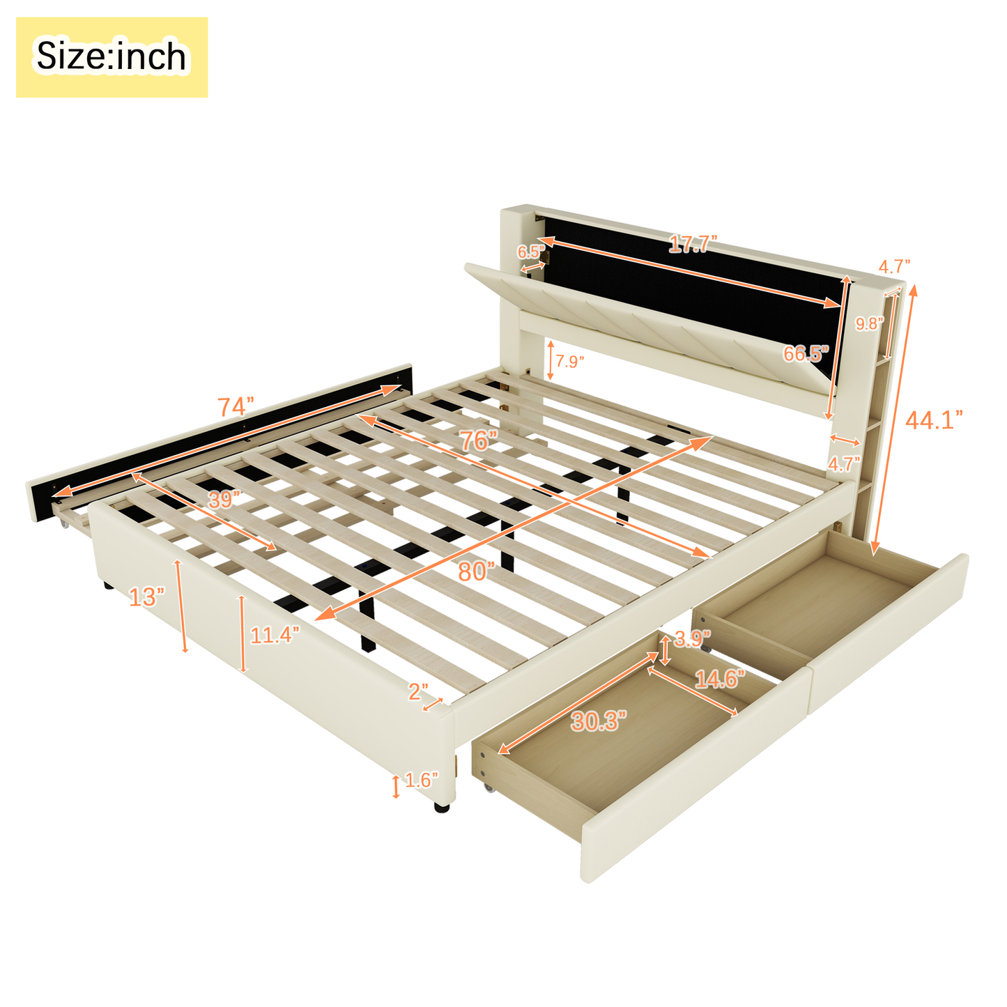 King Size Upholstery Platform Bed with Storage Headboard, 2 Drawers and Trundle,Beige