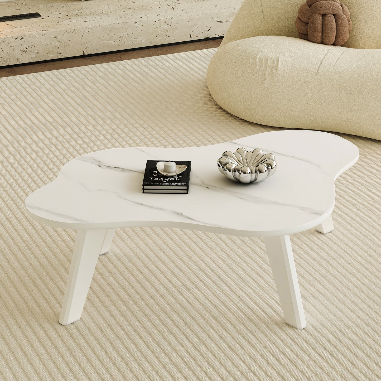 Modern minimalist white imitation marble tabletop coffee table. Solid wood spray painted desk legs, cloud shape to give you a new experience, computer desk. Suitable for dining and living rooms.